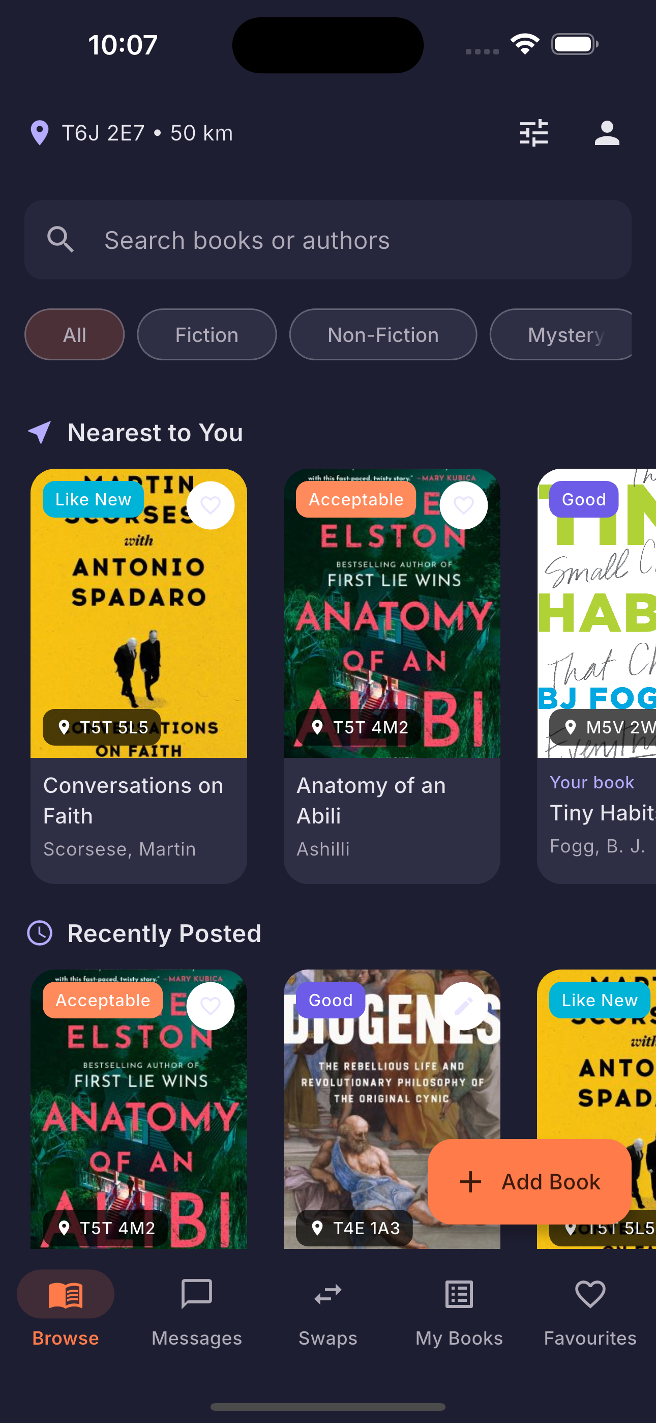 BookBarter app showing nearby books available for swapping